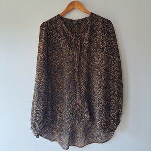 Emme Marella Leopard Print Women Blouse M/L Long Sleeve Tie Front Semi Sheer Top